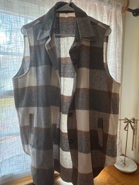Plaid Wool Blend Sleeveless Coat - Brown & Gray